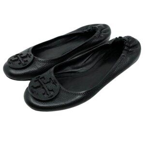 TORY BURCH~Reva Logo~BLACK TUMBLED LEATHER BALLET FLATS SHOES Size 7